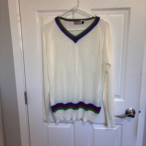 POL Cream V‑Neck Sweater with Blue, Green & Red Trim